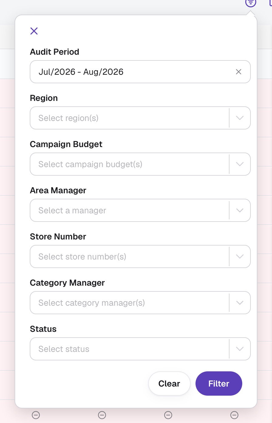 The filter panel: the audit period first, then the other filters, with Clear and Filter at the bottom.