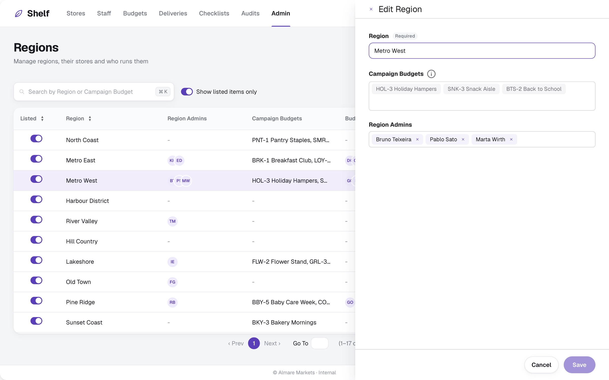 The Regions page in the fictional product, with a highlighted row and that region’s drawer open on the right in edit mode: the name, its Campaign Budgets and its Region Admins, with Cancel and Save.