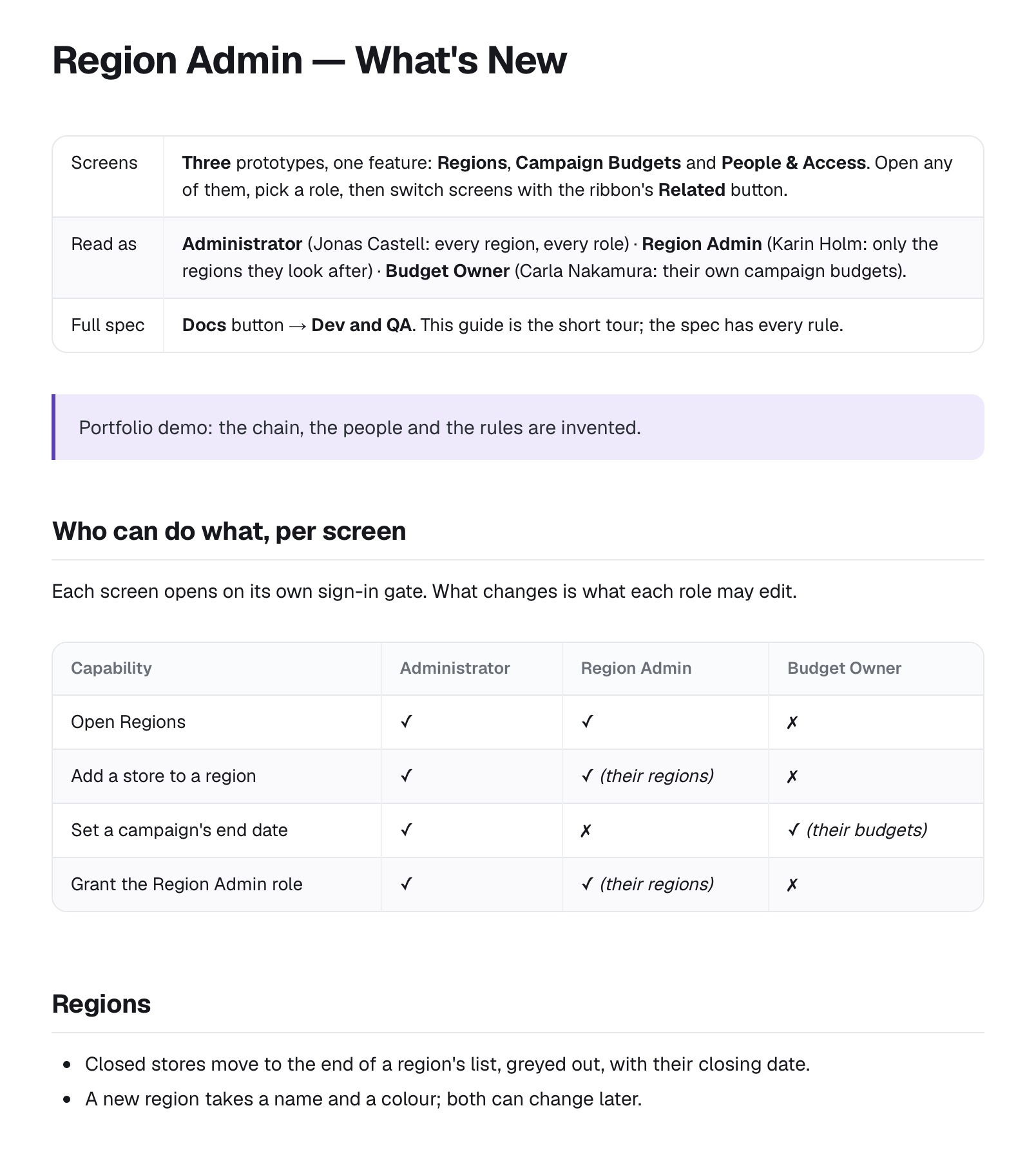 The top of the What’s New document in the fictional product: the three prototypes it covers, the roles to read it as, a who-can-do-what table and the first screen’s changes.