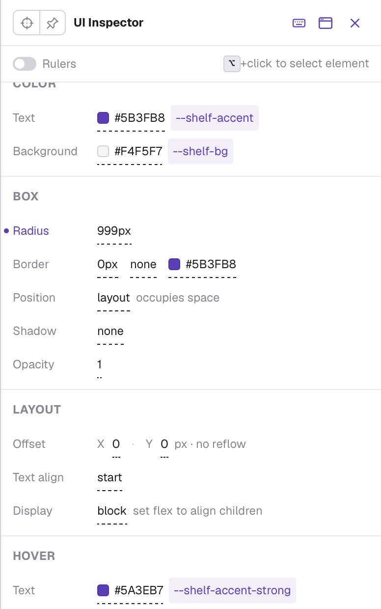The UI Inspector panel for a selected button: its padding, margin, colours and type, each value shown with its design-system token.