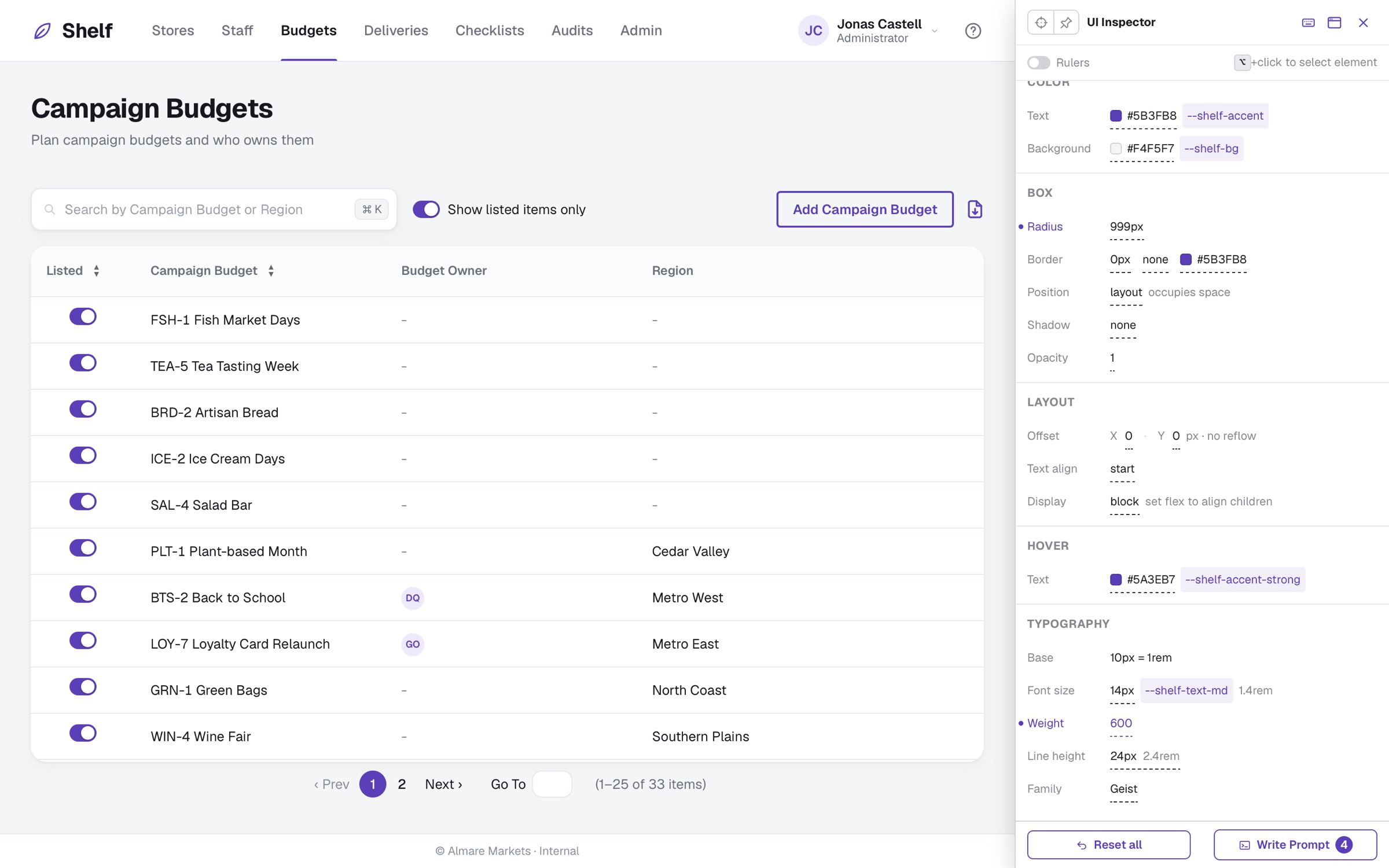 A Campaign Budgets prototype of the fictional product. The UI Inspector panel is docked on the right, showing the selected link’s size, spacing, colours and type as tokens.