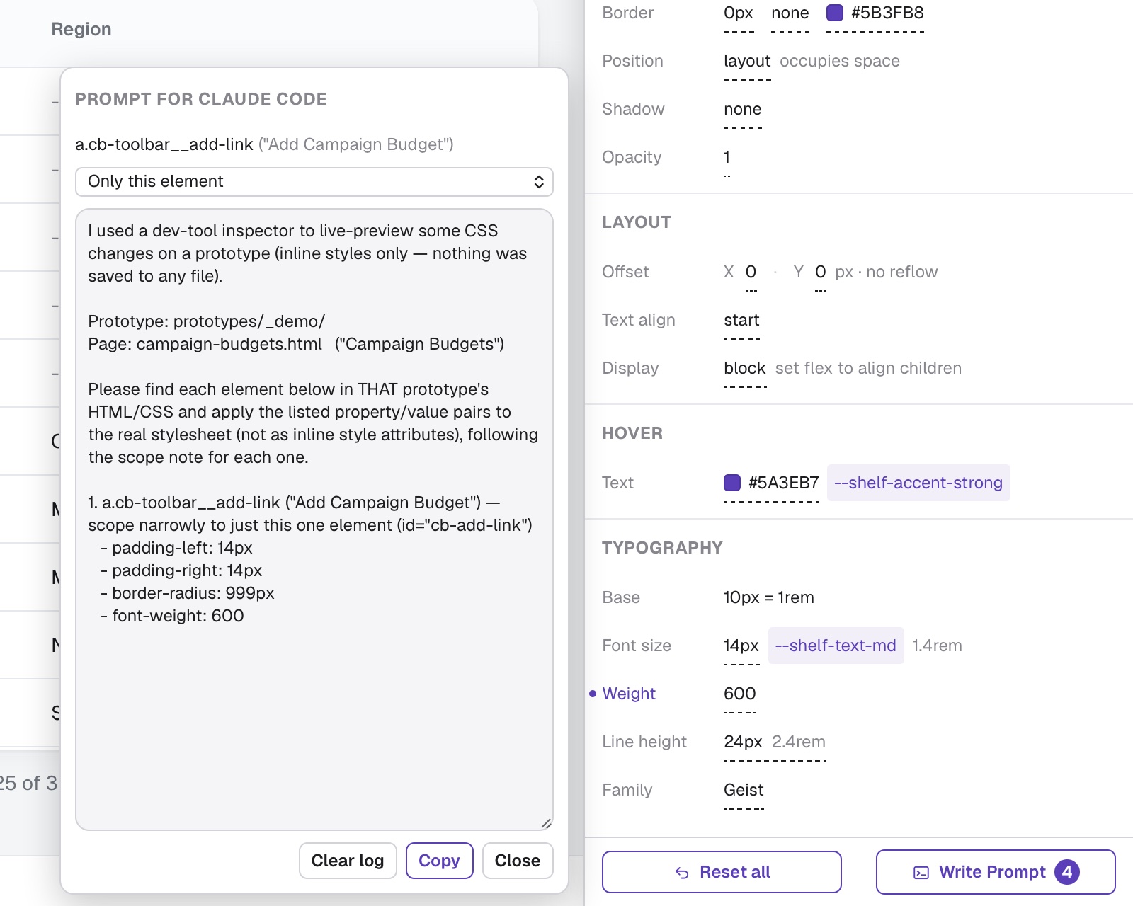 The UI Inspector’s prompt window beside the panel, listing padding, border radius and font weight for the selected link, with a scope selector and a copy button.