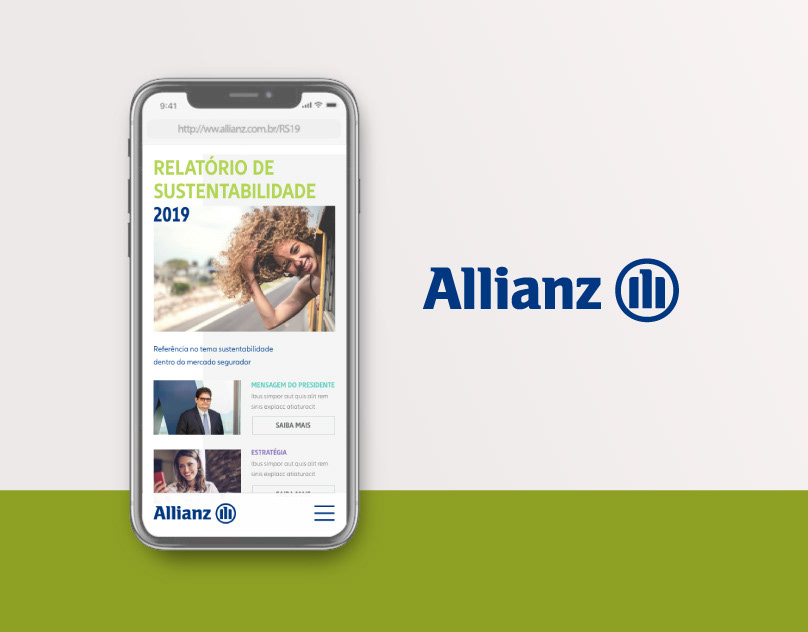 A sustainability report website shown on a phone, next to the insurer’s wordmark.