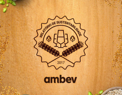 A sustainability report seal with hops and wheat, on a wood texture.