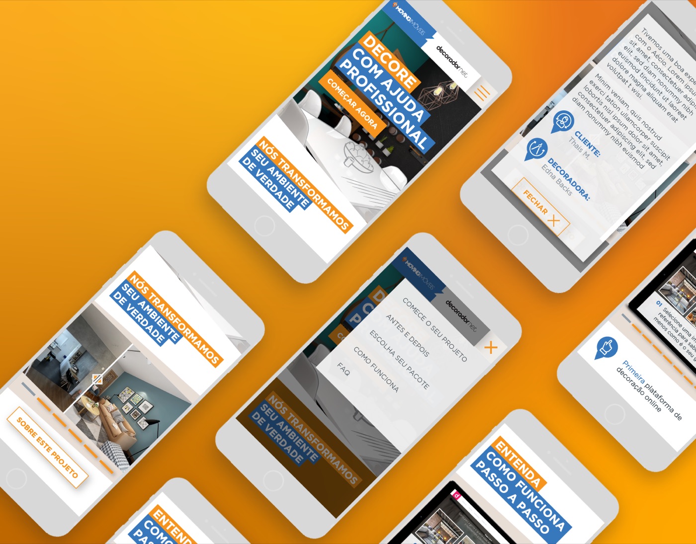 Mobile screens of an online interior-design service, laid out diagonally on an orange field.